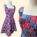 1960s  Bandana Patchwork Print Fit and Flare Sun Dress ~ Small