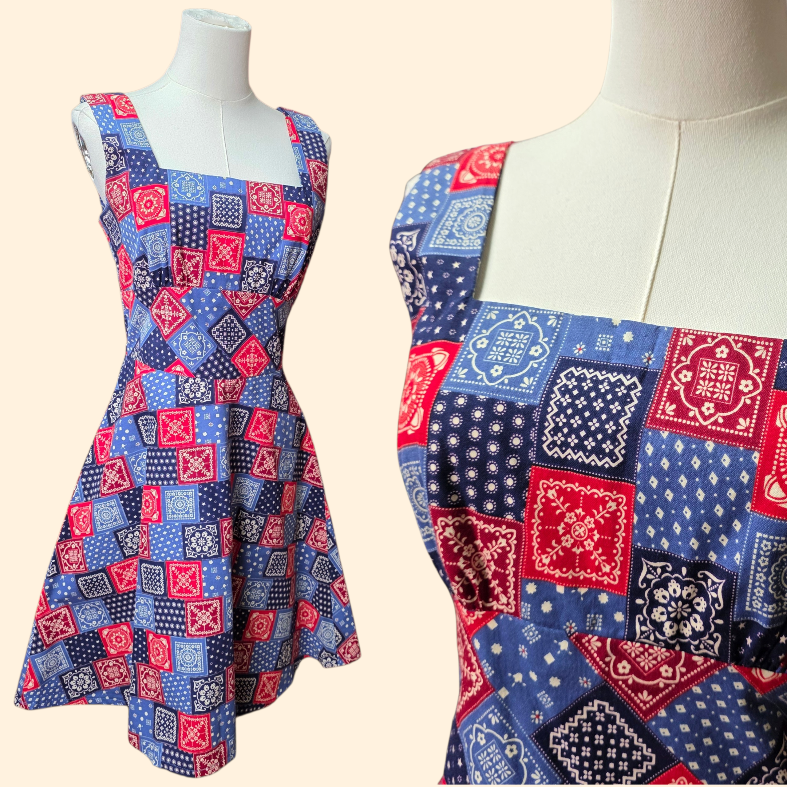 1960s  Bandana Patchwork Print Fit and Flare Sun Dress ~ Small