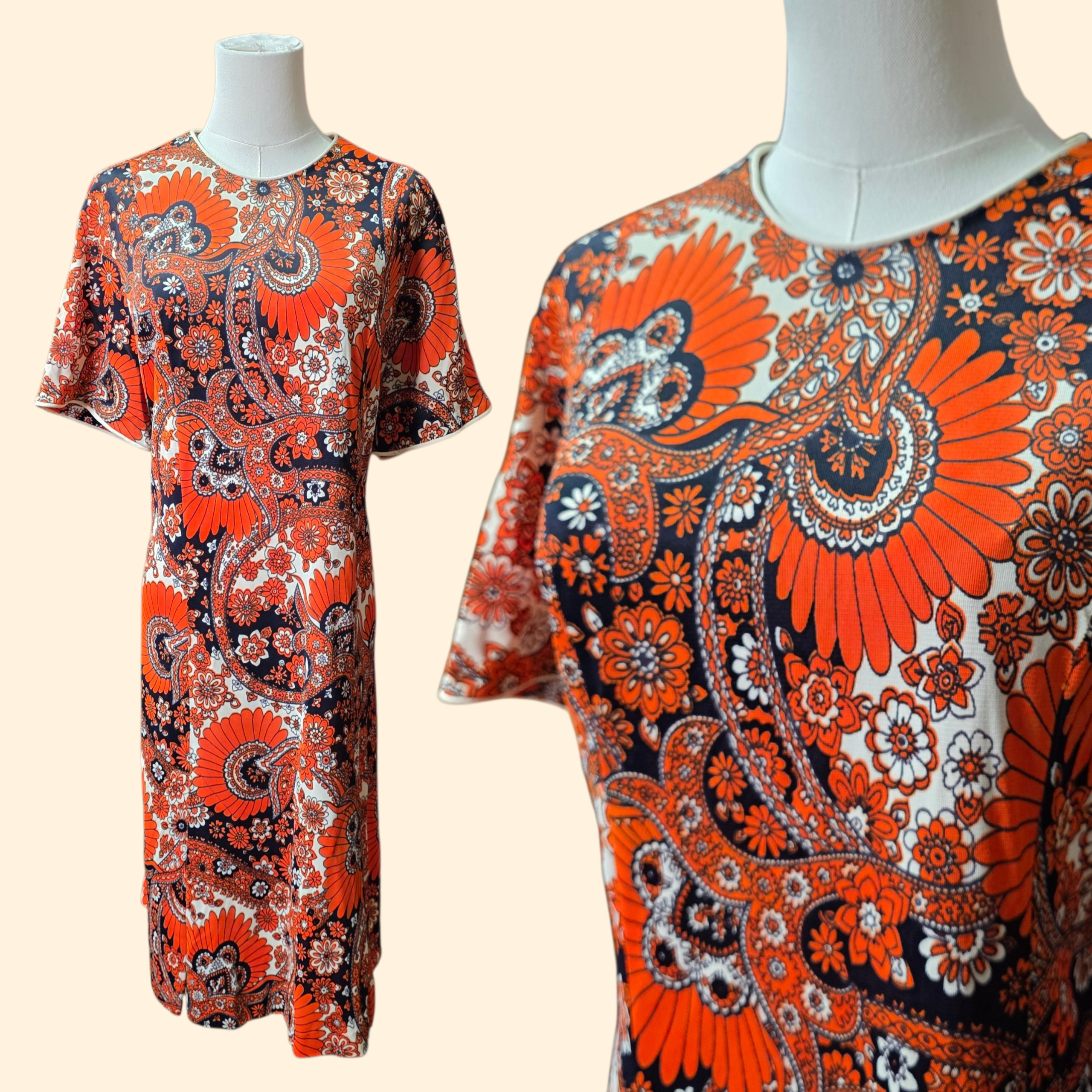 1960s Paisley Flower Power Nylon Shift  Midi Dress ~ Extra Large