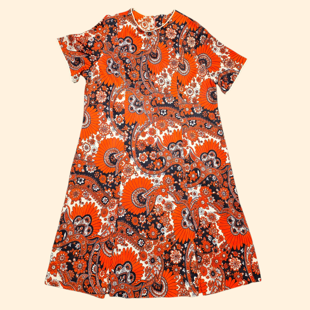 1960s Paisley Flower Power Nylon Shift  Midi Dress ~ Extra Large