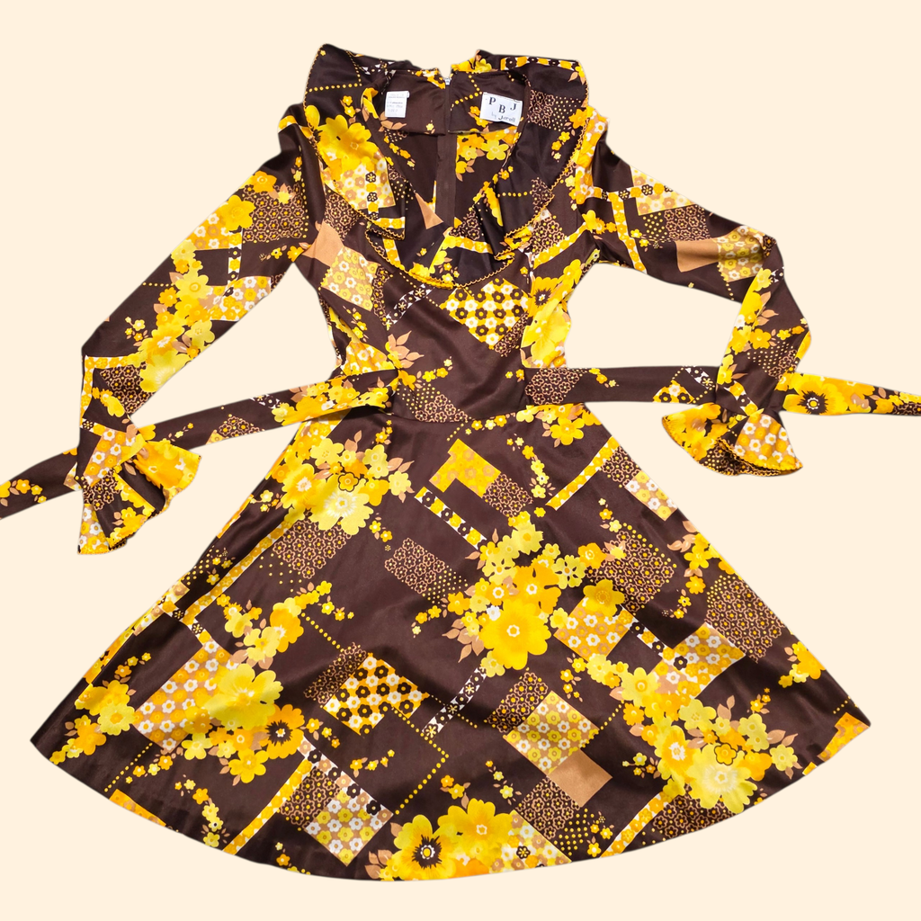 1960s PBJ Flower Power Ruffled Nylon Mini Dress ~ Extra Small