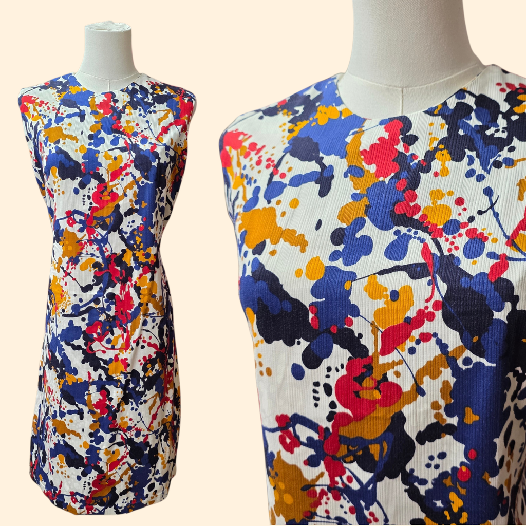 1960s Splatter Print Sleeveless Sheath Dress ~ Large Midi