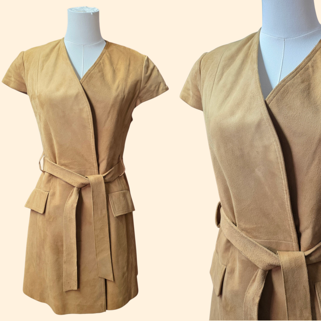 1960s Ultrasuede Mini Wrap Dress ~ Small ~ Mod Camel Capped Sleeve