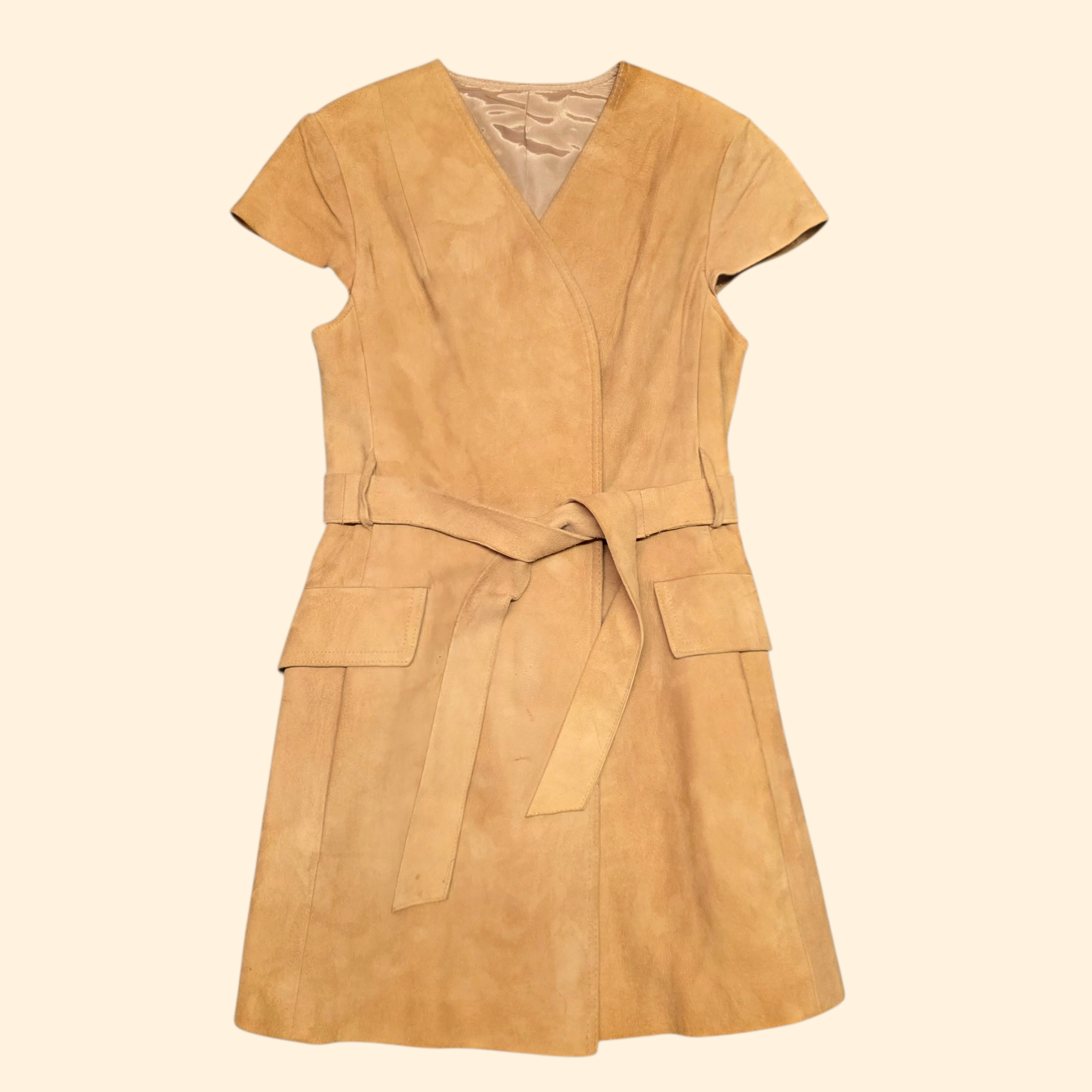 1960s Ultrasuede Mini Wrap Dress ~ Small ~ Mod Camel Capped Sleeve