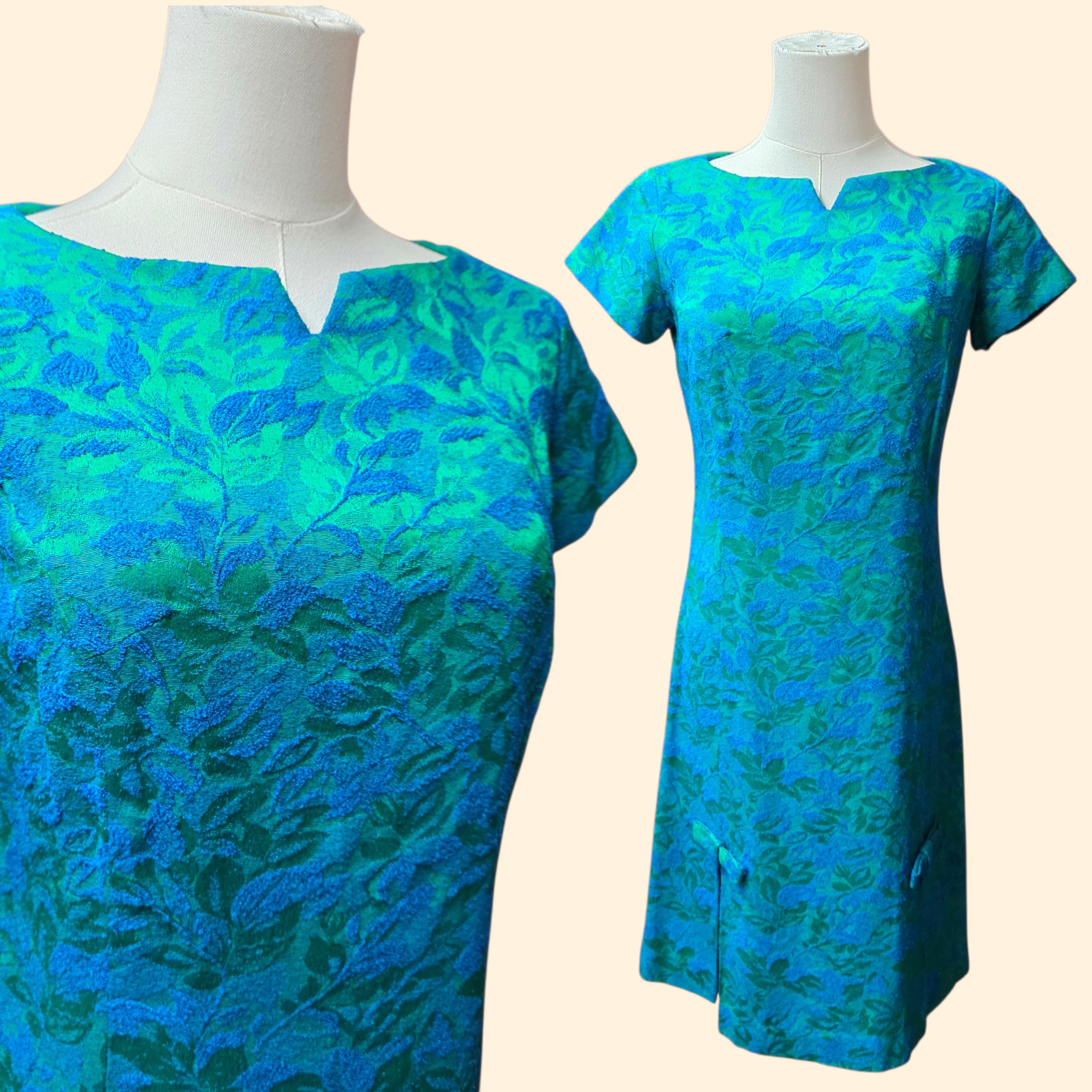 1960s Botanical Jacquard Shift Cocktail Dress ~ Small ~ Blue Green