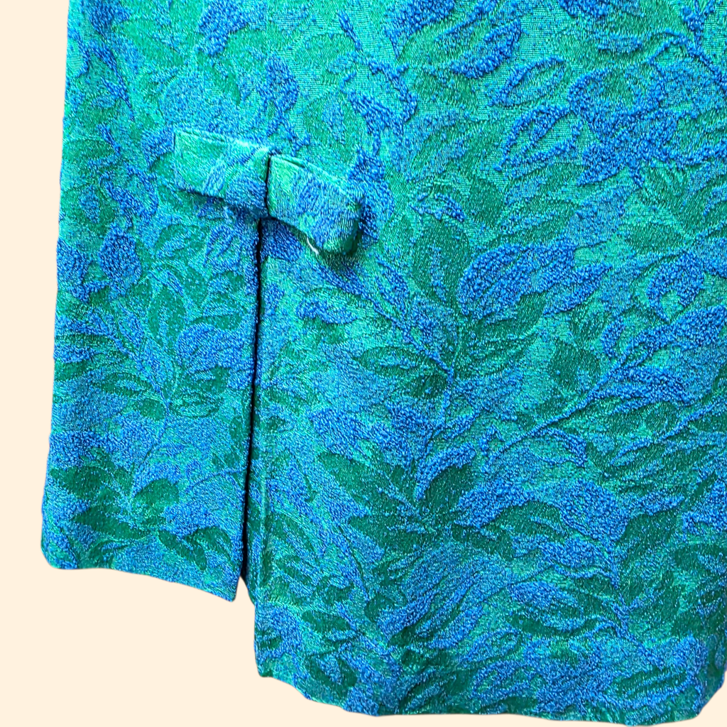 1960s Botanical Jacquard Shift Cocktail Dress ~ Small ~ Blue Green
