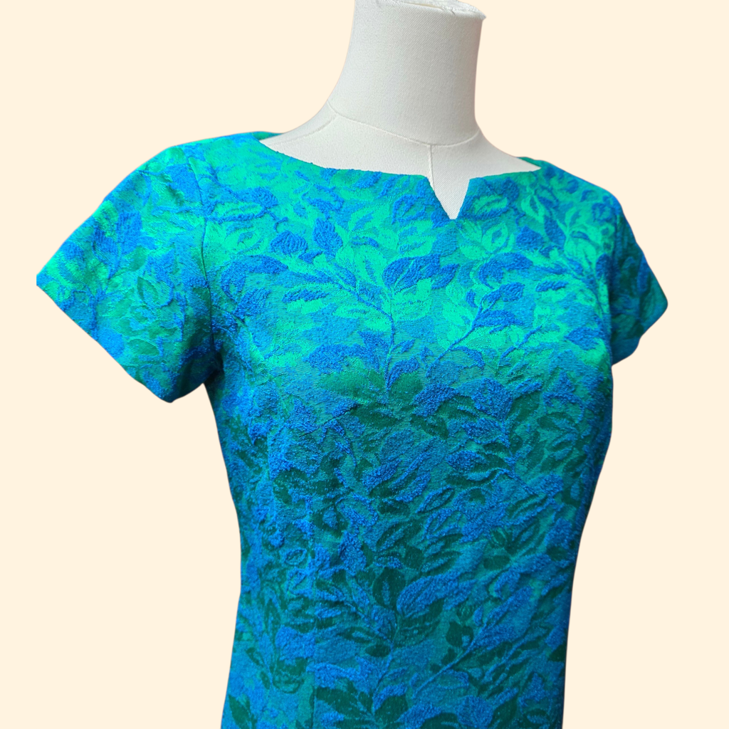 1960s Botanical Jacquard Shift Cocktail Dress ~ Small ~ Blue Green