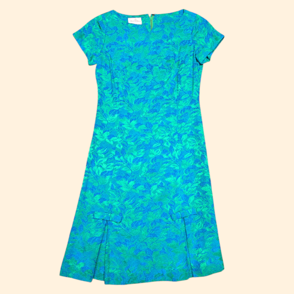 1960s Botanical Jacquard Shift Cocktail Dress ~ Small ~ Blue Green