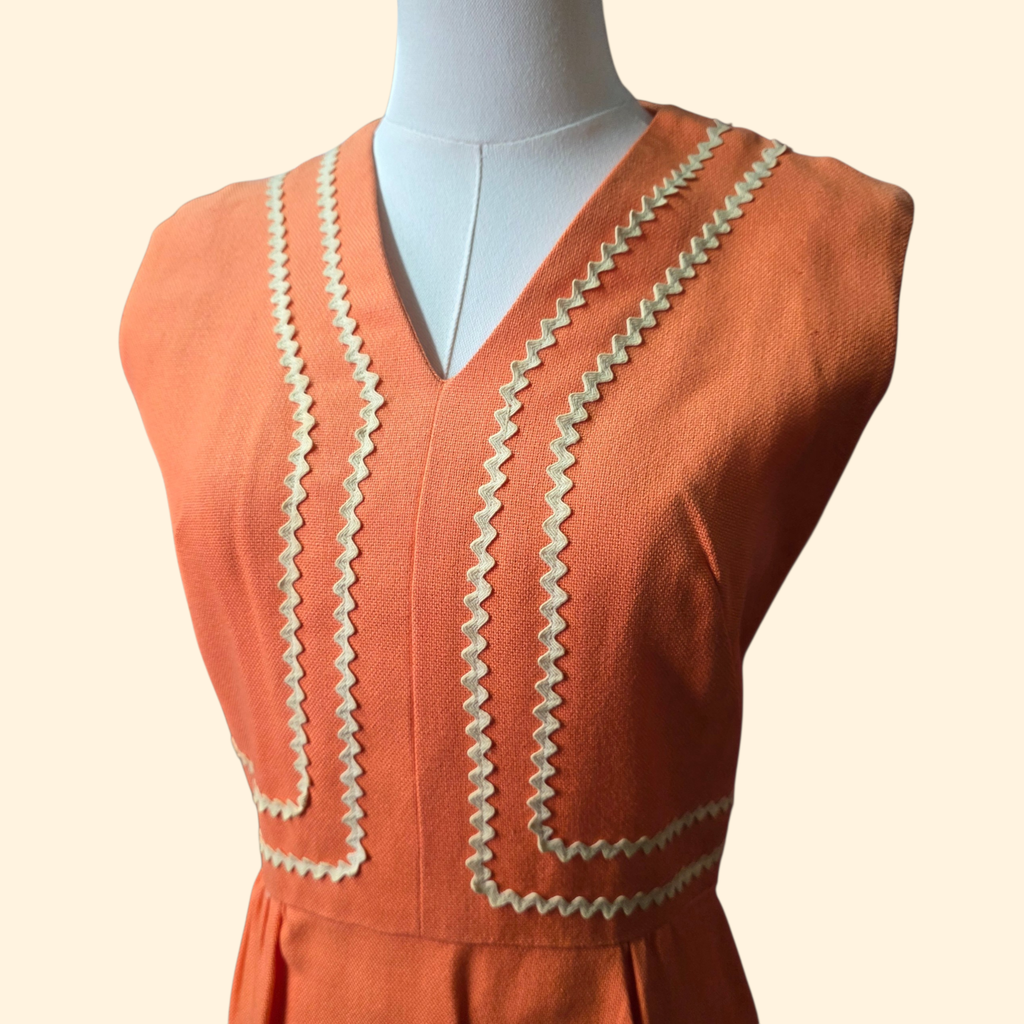 1950s Salmon Linen Sheath Dress ~Extra Small ~ Juniors Ric Rac Trim