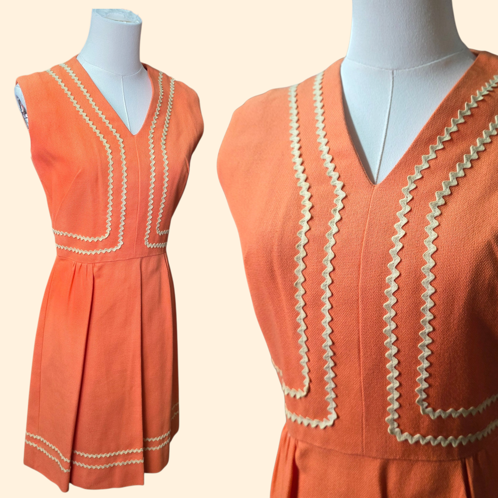 1950s Salmon Linen Sheath Dress ~Extra Small ~ Juniors Ric Rac Trim