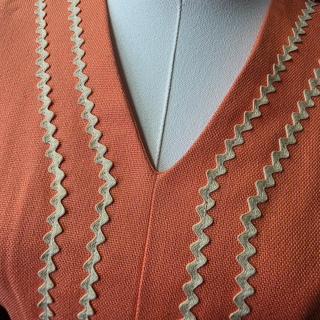 1950s Salmon Linen Sheath Dress ~Extra Small ~ Juniors Ric Rac Trim