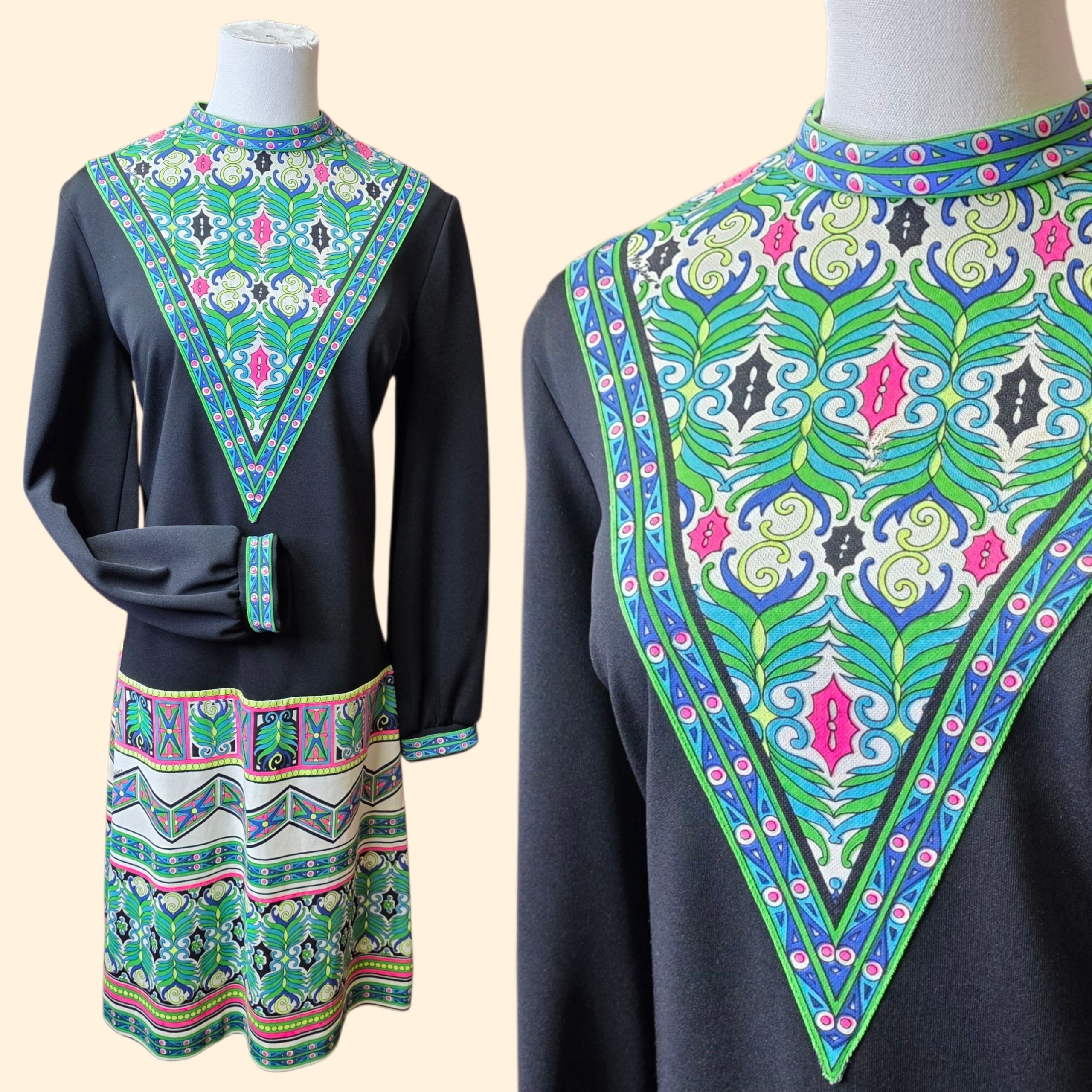 1960s Mr. Dino Psychedelic Shift Dress ~ Medium ~ Black Teal Pink Green Blue Dayglo