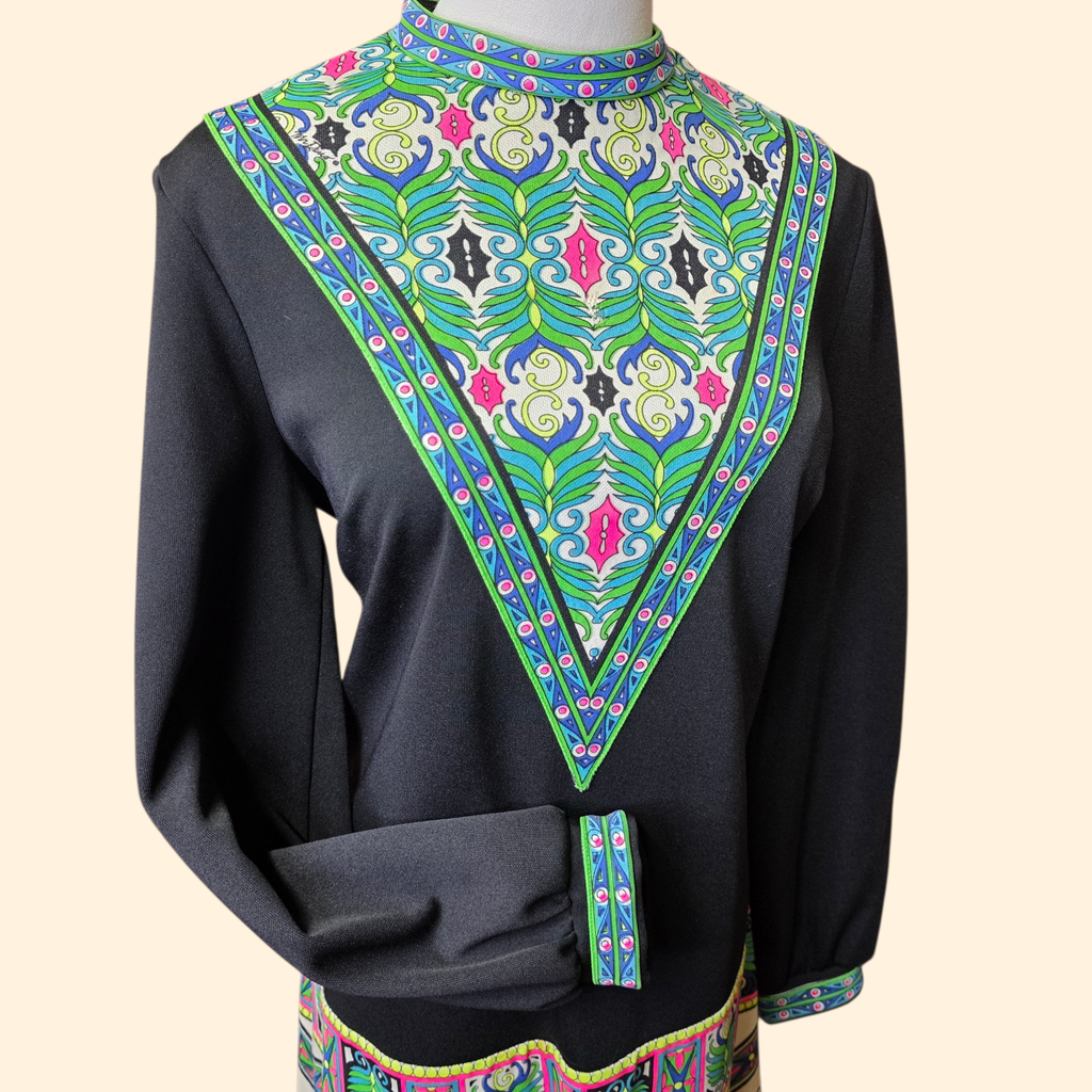1960s Mr. Dino Psychedelic Shift Dress ~ Medium ~ Black Teal Pink Green Blue Dayglo