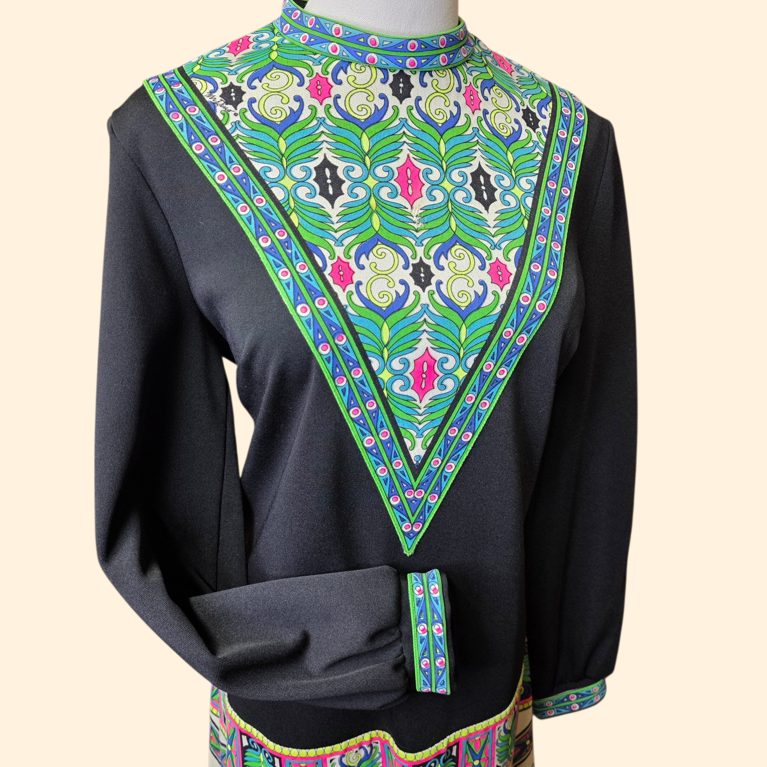 1960s Mr. Dino Psychedelic Shift Dress ~ Medium ~ Black Teal Pink Green Blue Dayglo