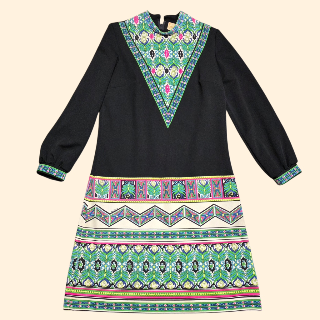 1960s Mr. Dino Psychedelic Shift Dress ~ Medium ~ Black Teal Pink Green Blue Dayglo