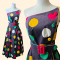 1980s Polka Dot Fit and Flare Strapless Party Dress ~ Extra Small ~ Black Yellow Red Green Circle Skirt