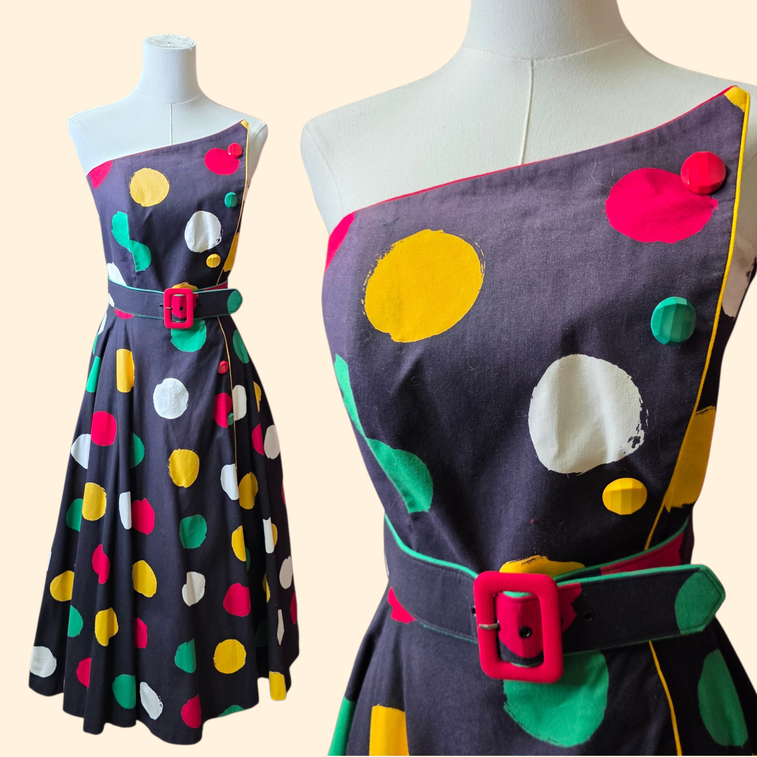 1980s Polka Dot Fit and Flare Strapless Party Dress ~ Extra Small ~ Black Yellow Red Green Circle Skirt