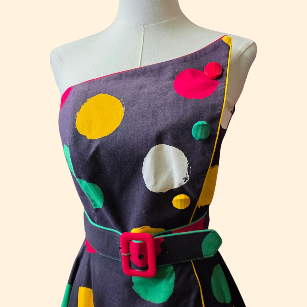 1980s Polka Dot Fit and Flare Strapless Party Dress ~ Extra Small ~ Black Yellow Red Green Circle Skirt