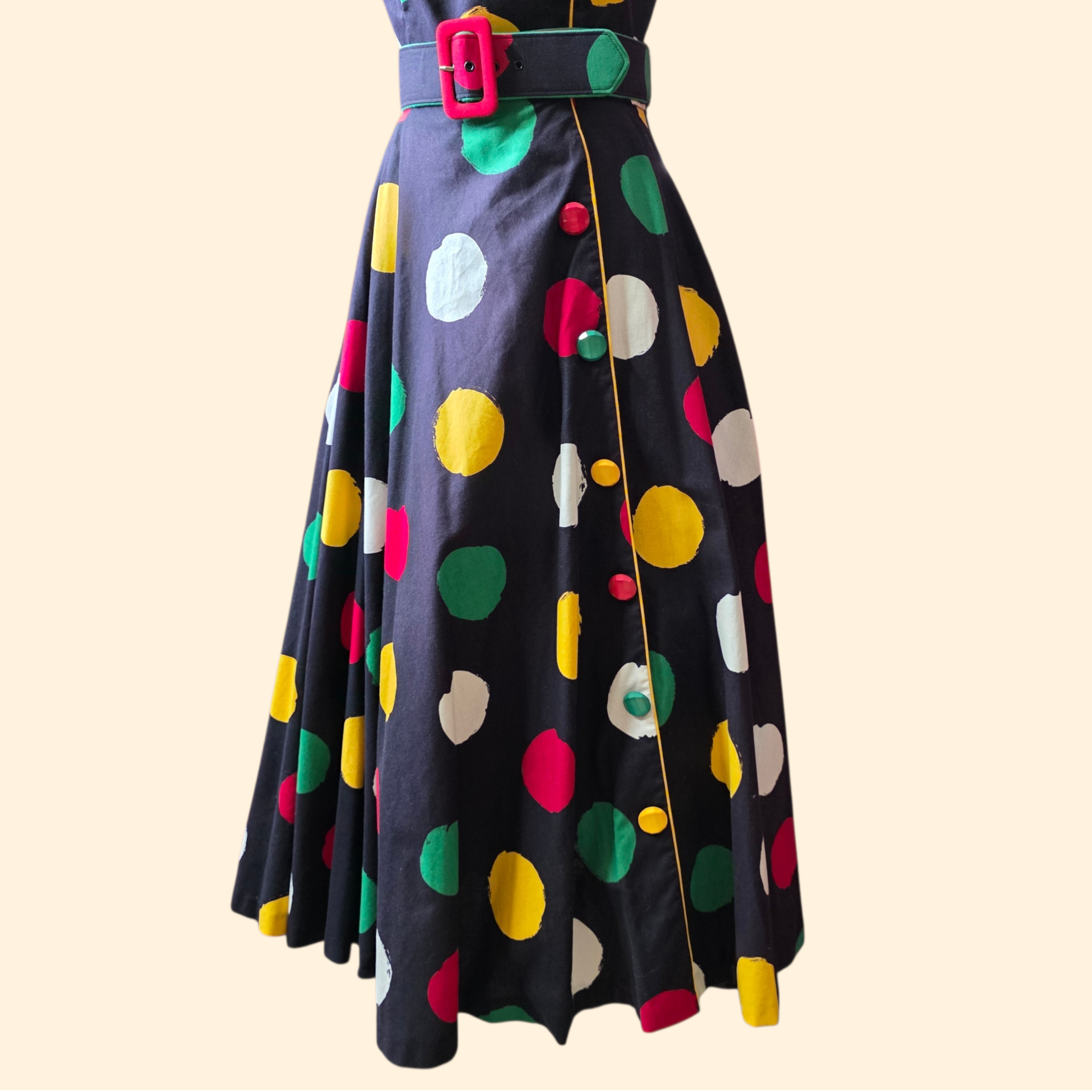 1980s Polka Dot Fit and Flare Strapless Party Dress ~ Extra Small ~ Black Yellow Red Green Circle Skirt