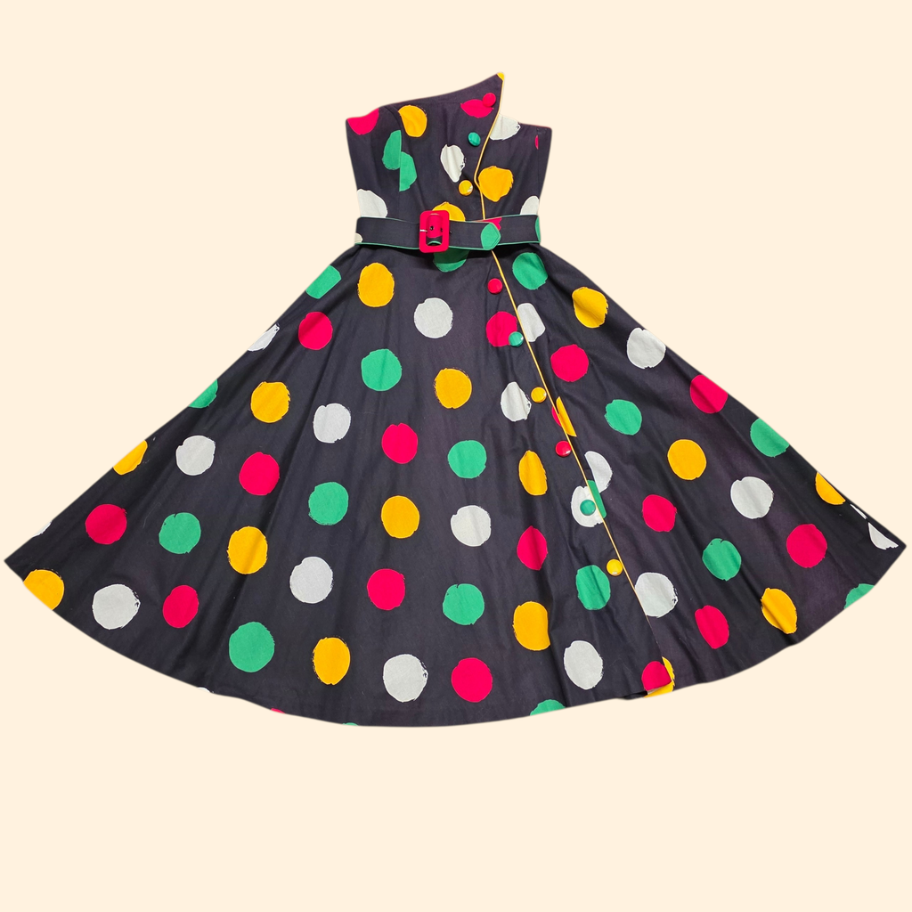 1980s Polka Dot Fit and Flare Strapless Party Dress ~ Extra Small ~ Black Yellow Red Green Circle Skirt