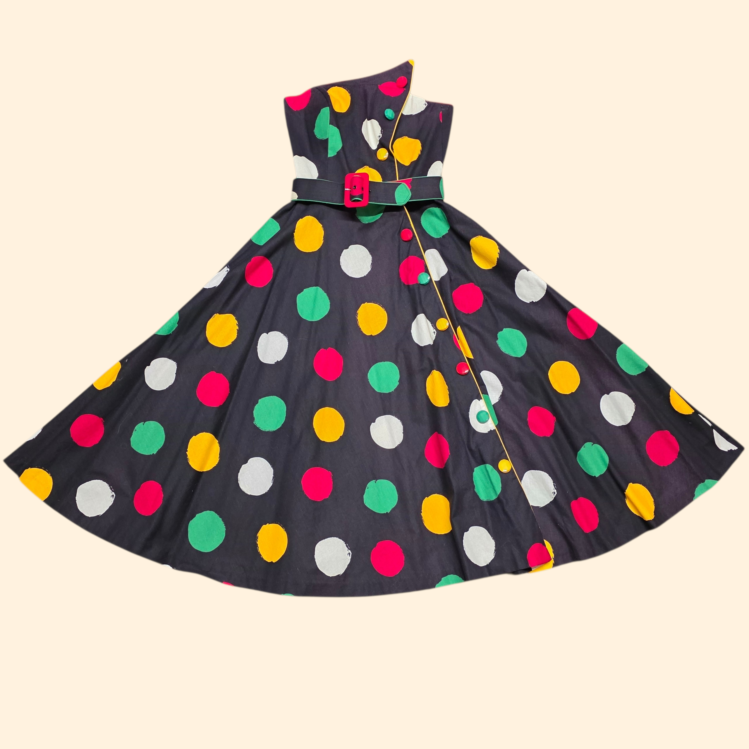 1980s Polka Dot Fit and Flare Strapless Party Dress ~ Extra Small ~ Black Yellow Red Green Circle Skirt