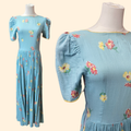 1940s Floral Print Maxi Dress ~ Extra Small ~ Blue Daisy Rayon Crepe