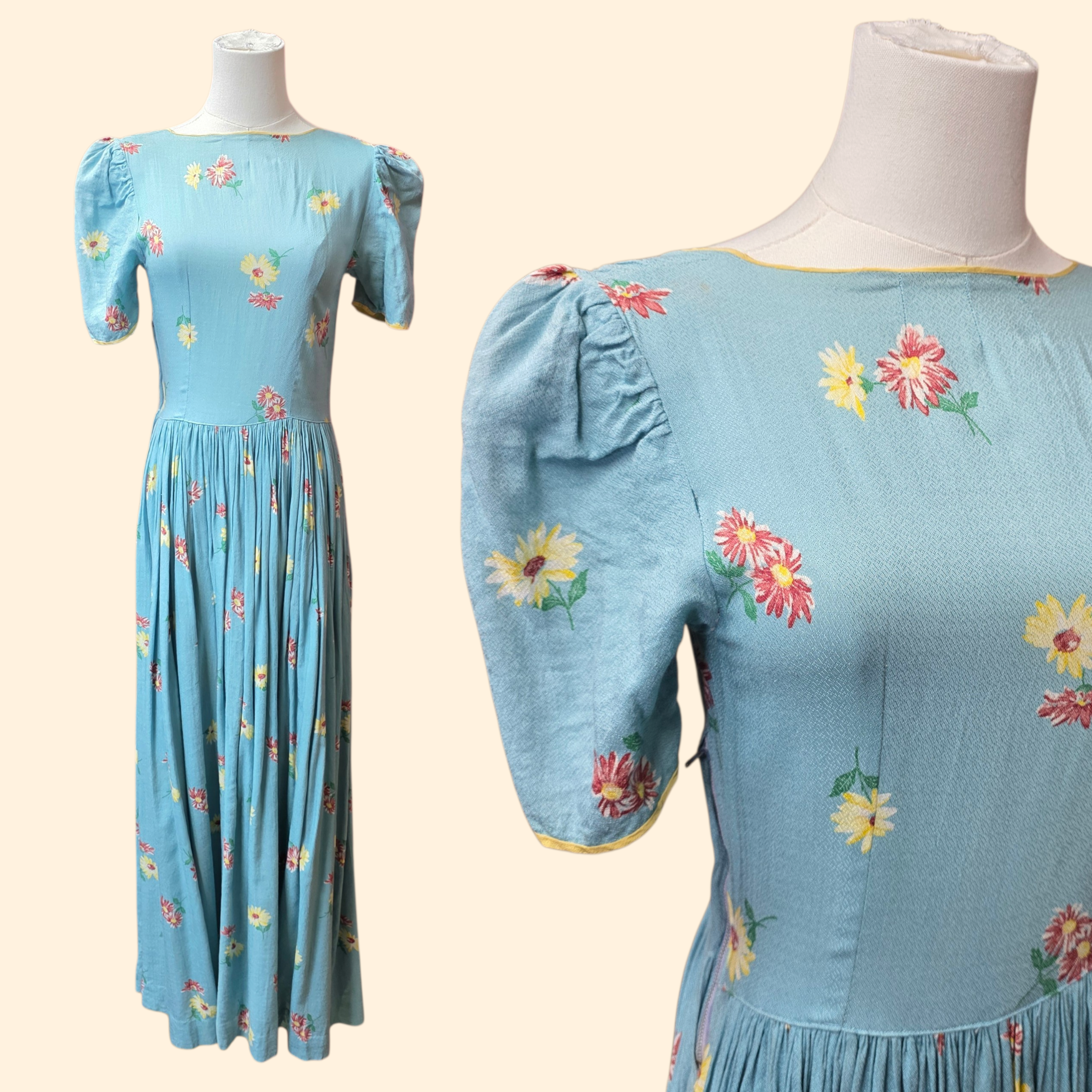 1940s Floral Print Maxi Dress ~ Extra Small ~ Blue Daisy Rayon Crepe