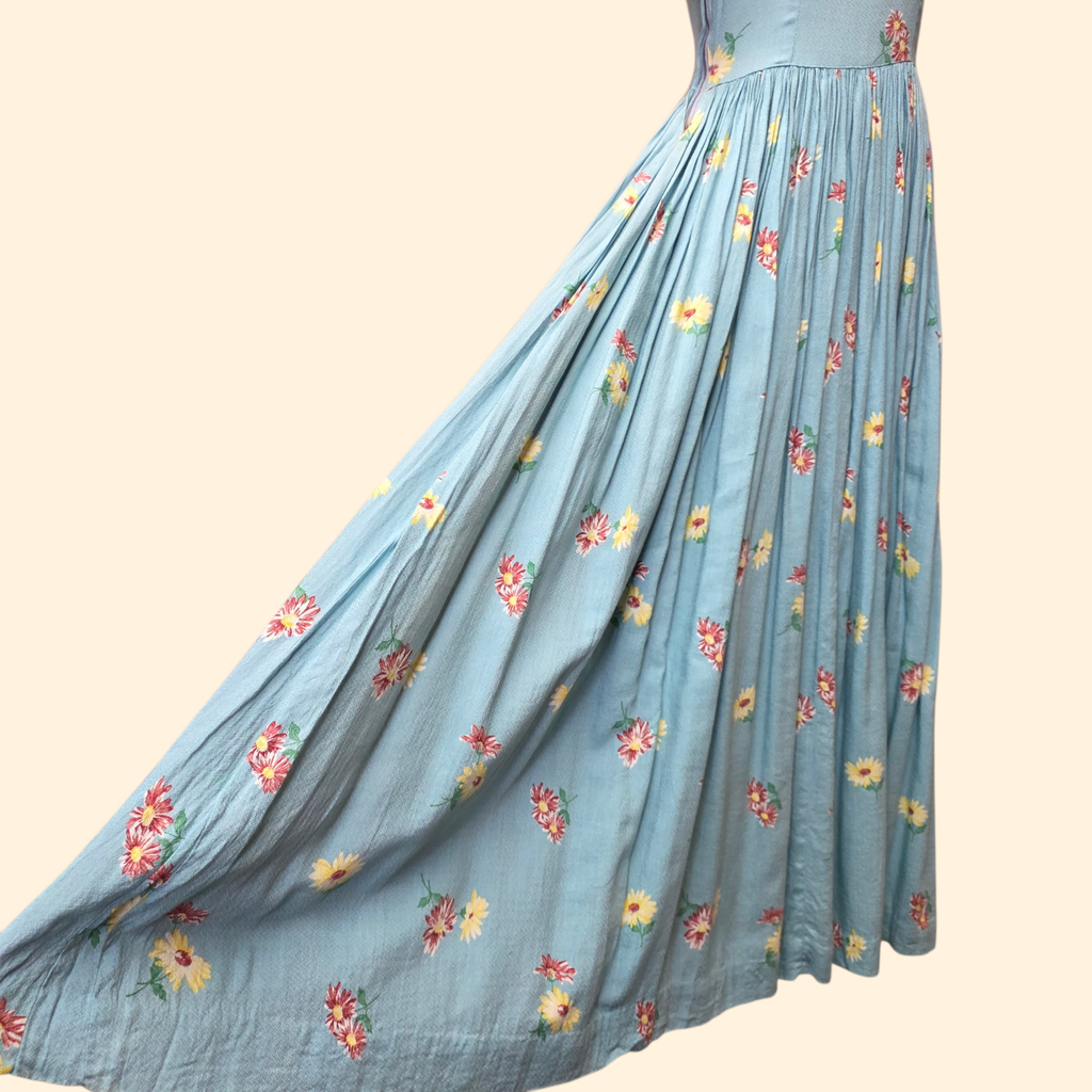 1940s Floral Print Maxi Dress ~ Extra Small ~ Blue Daisy Rayon Crepe