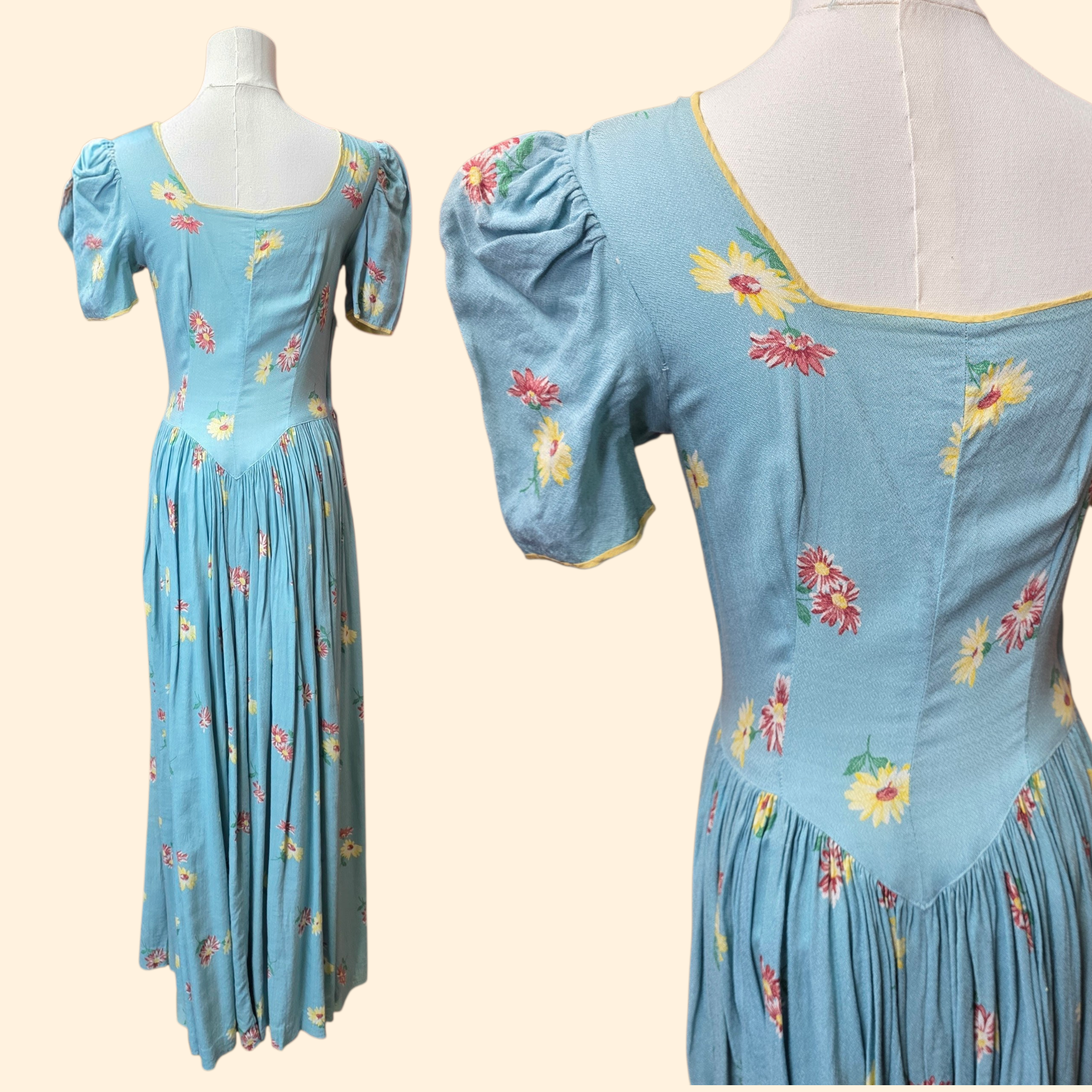 1940s Floral Print Maxi Dress ~ Extra Small ~ Blue Daisy Rayon Crepe