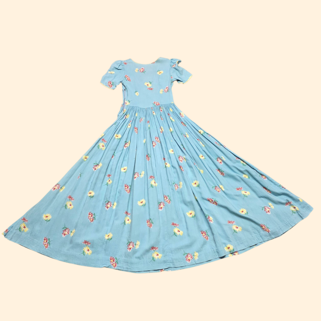 1940s Floral Print Maxi Dress ~ Extra Small ~ Blue Daisy Rayon Crepe