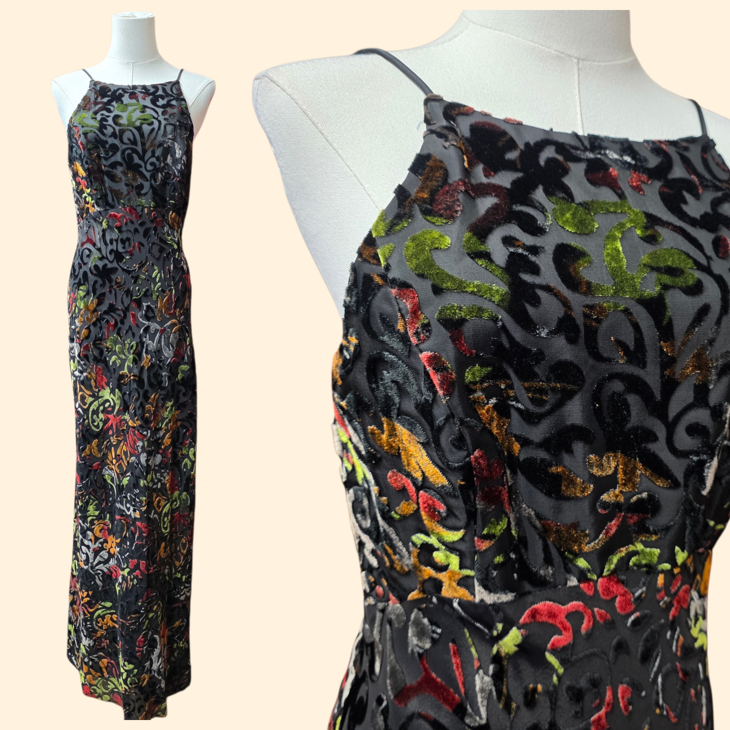 1990s Burnout Velvet Maxi Dress ~ Small ~ Multicolor Spaghetti Strap