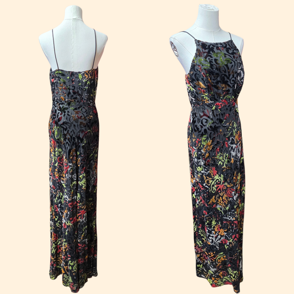 1990s Burnout Velvet Maxi Dress ~ Small ~ Multicolor Spaghetti Strap