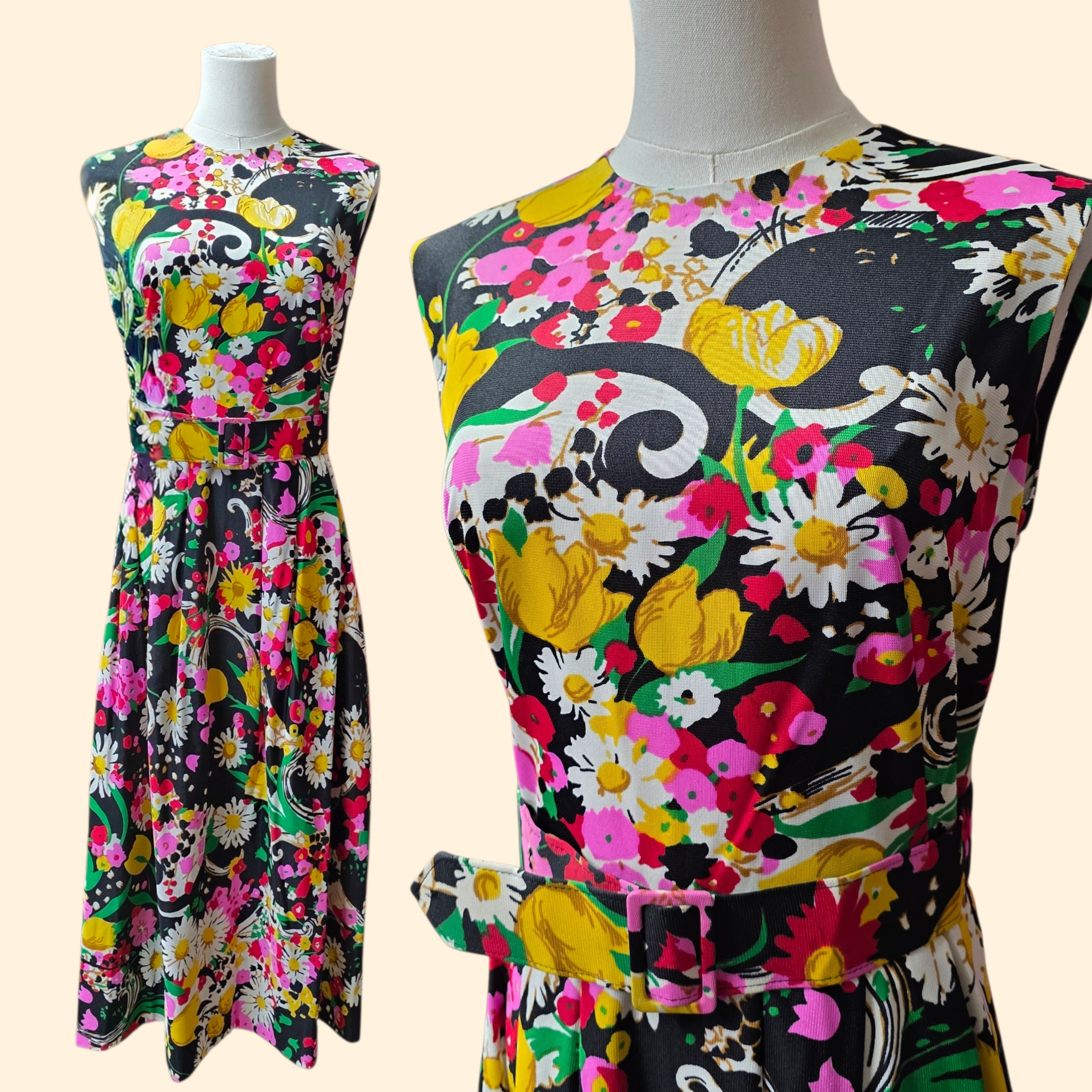 1960s Flower Power Sleeveless Maxi Dress ~ Small ~ Black Floral Daisy