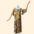 1960s Bold Floral Bell Sleeve Empire Waist Maxi Dress ~ Small Brown Orange Yellow