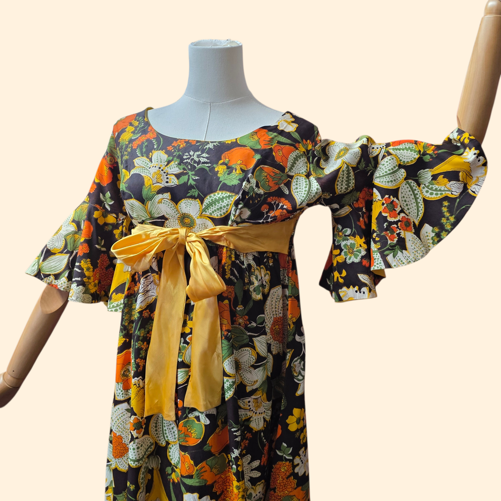 1960s Bold Floral Bell Sleeve Empire Waist Maxi Dress ~ Small Brown Orange Yellow