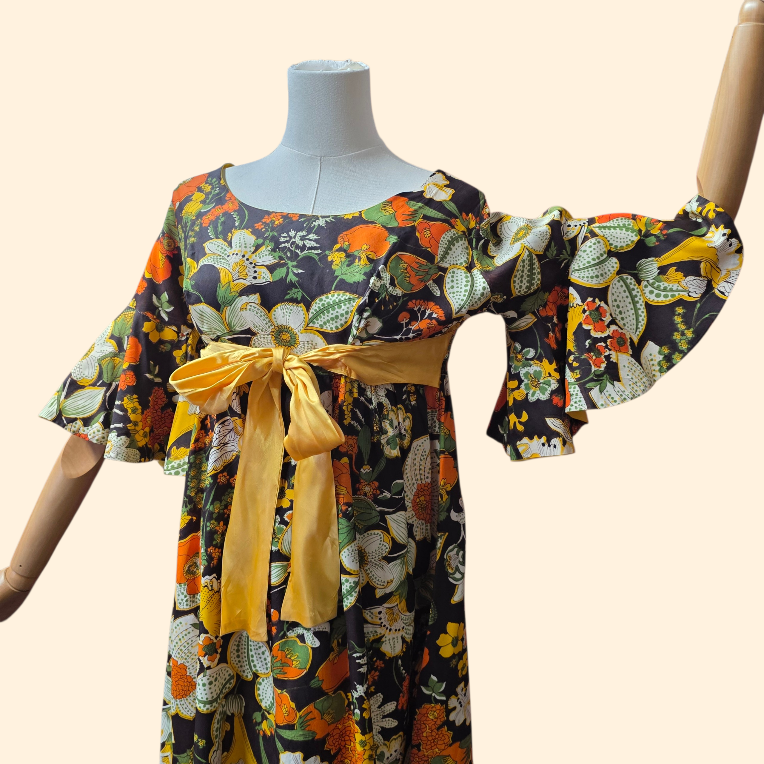 1960s Bold Floral Bell Sleeve Empire Waist Maxi Dress ~ Small Brown Orange Yellow