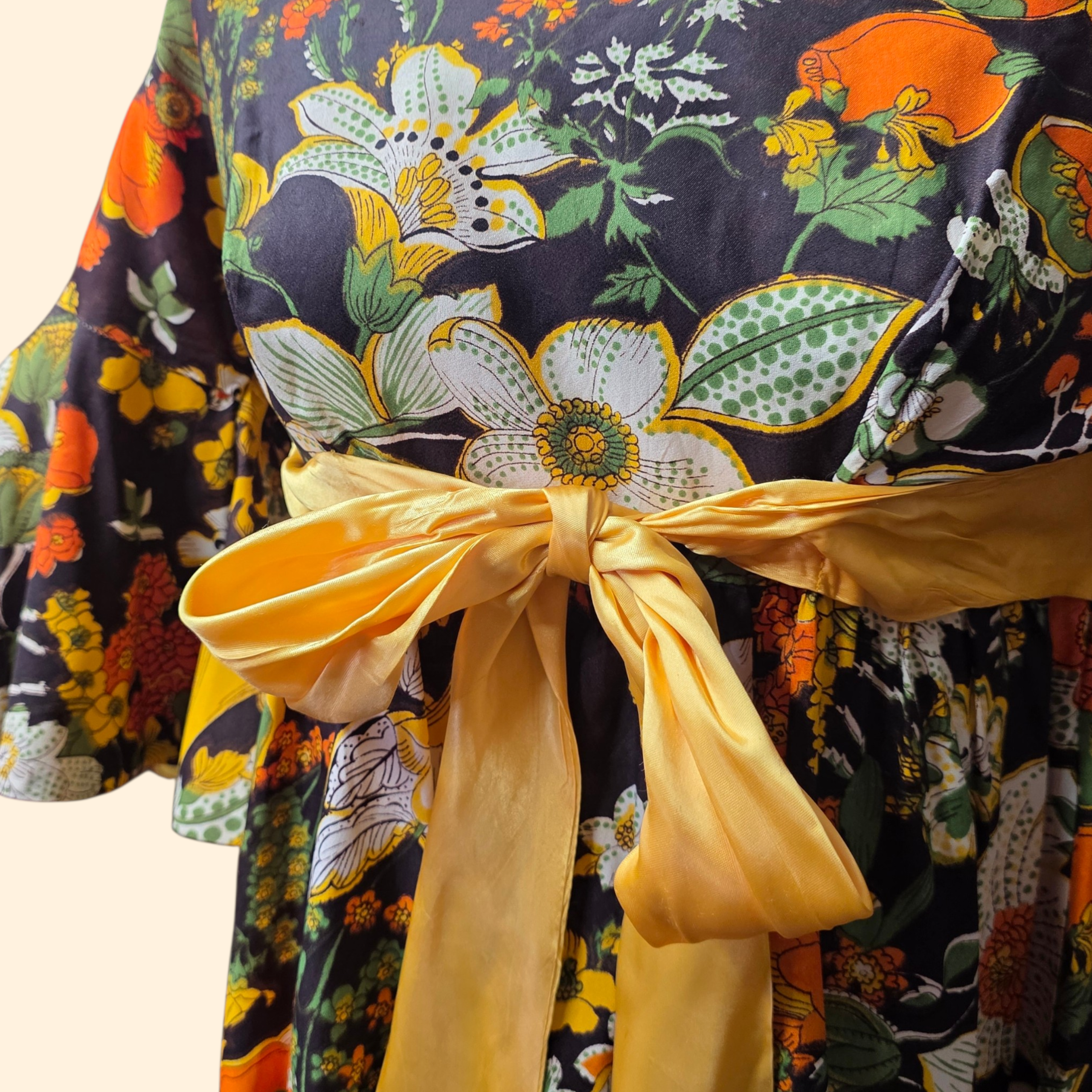 1960s Bold Floral Bell Sleeve Empire Waist Maxi Dress ~ Small Brown Orange Yellow