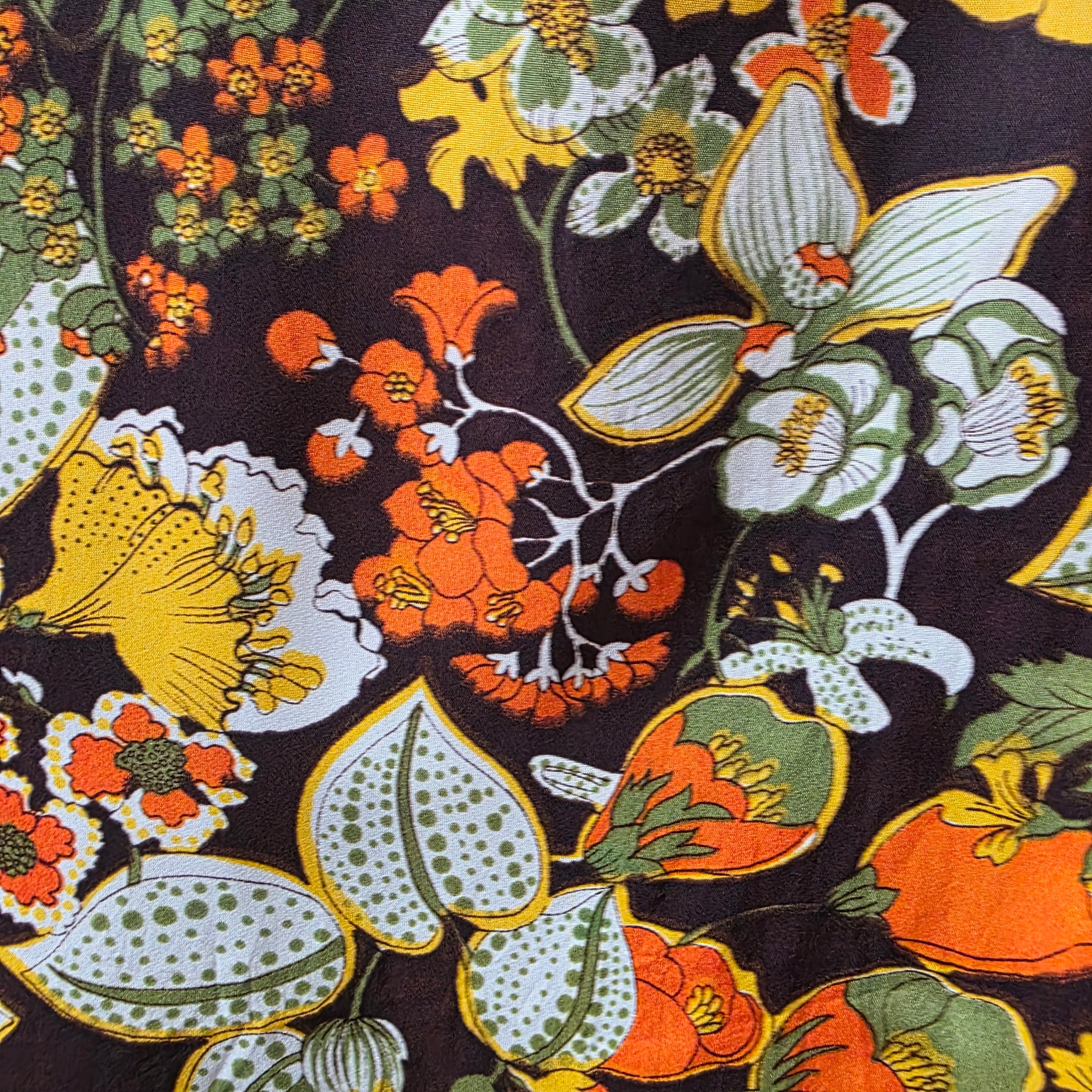 1960s Bold Floral Bell Sleeve Empire Waist Maxi Dress ~ Small Brown Orange Yellow