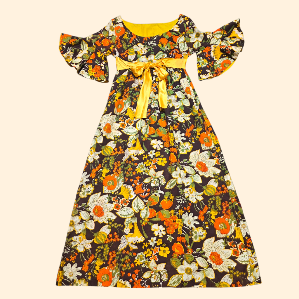 1960s Bold Floral Bell Sleeve Empire Waist Maxi Dress ~ Small Brown Orange Yellow
