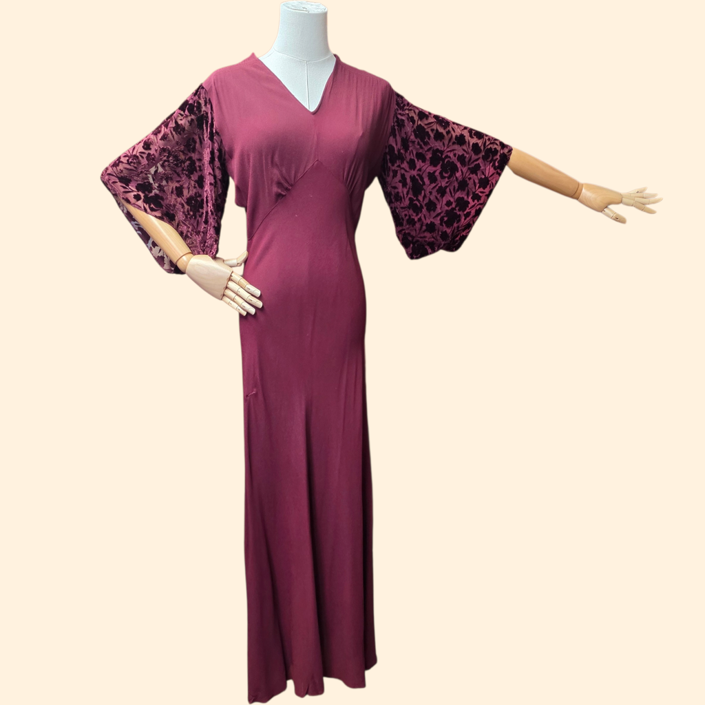 1940s Burgundy Rayon and Burnout Velvet Maxi Dress Gown with Kimono Sleeves ~ Extra Small