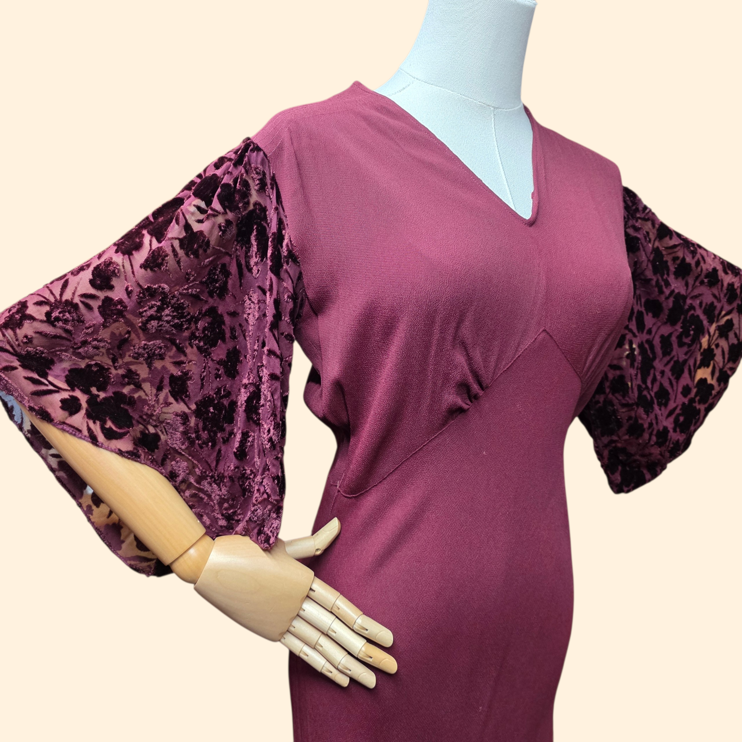 1940s Burgundy Rayon and Burnout Velvet Maxi Dress Gown with Kimono Sleeves ~ Extra Small