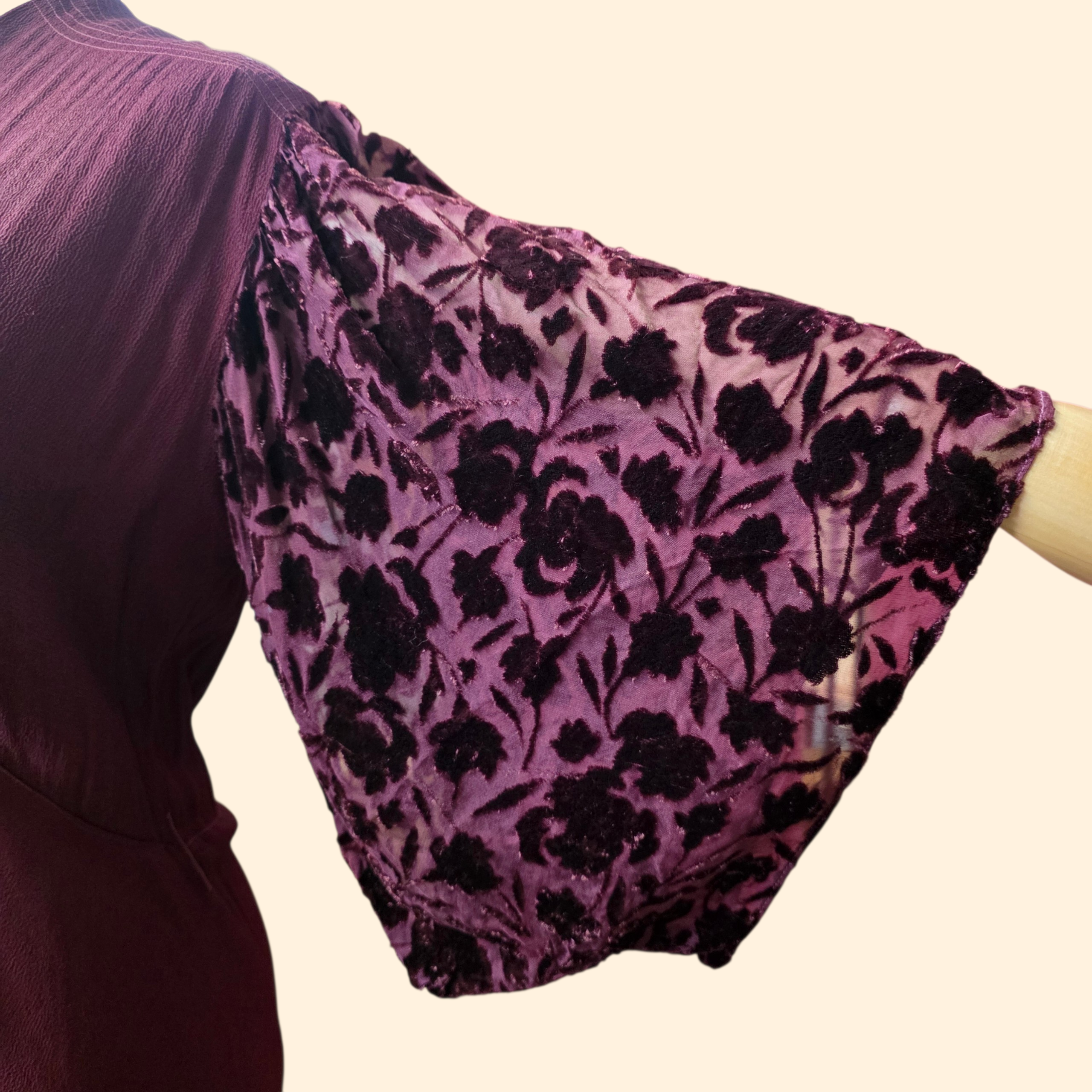1940s Burgundy Rayon and Burnout Velvet Maxi Dress Gown with Kimono Sleeves ~ Extra Small