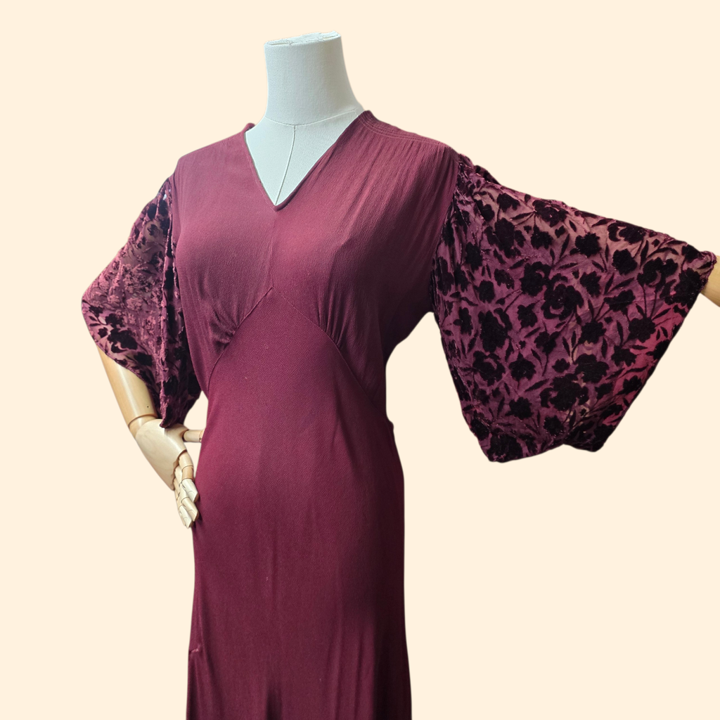 1940s Burgundy Rayon and Burnout Velvet Maxi Dress Gown with Kimono Sleeves ~ Extra Small