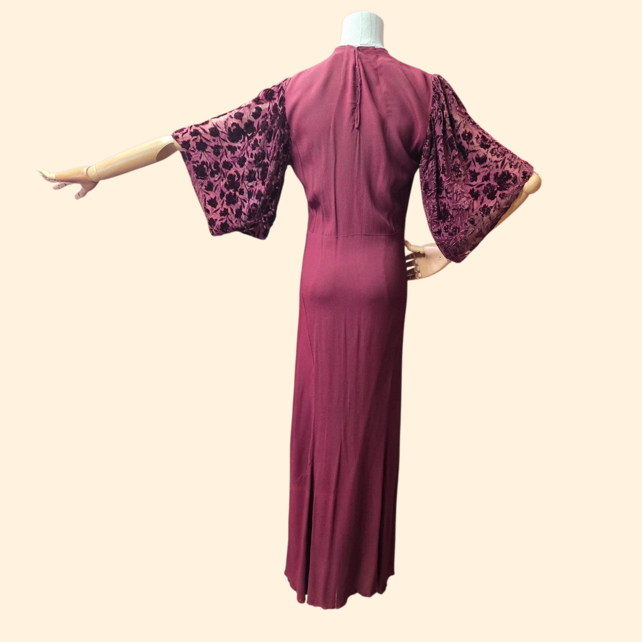 1940s Burgundy Rayon and Burnout Velvet Maxi Dress Gown with Kimono Sleeves ~ Extra Small