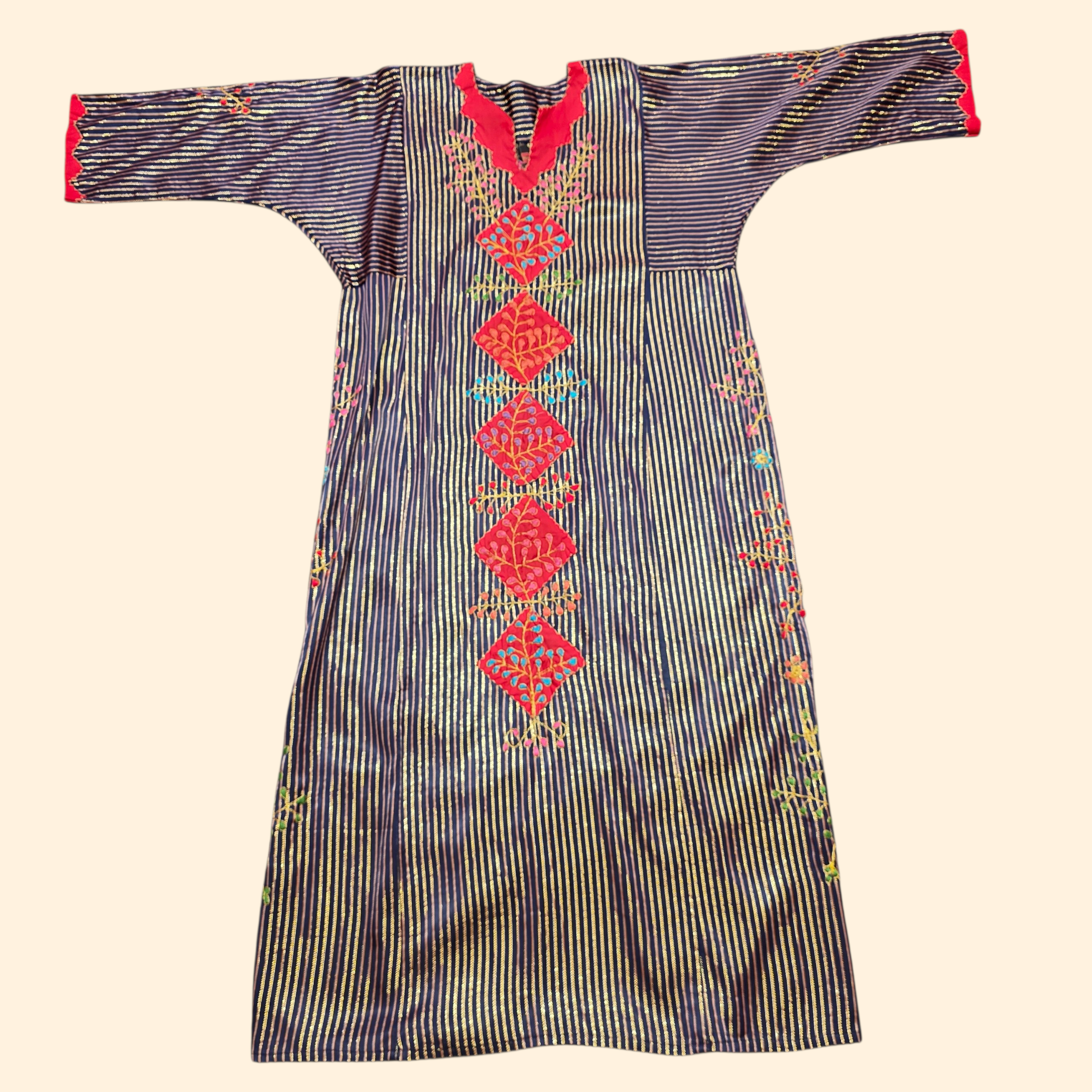 1960s Metallic Embrodered Kaftan ~ Large ~  Gold Lurex Stripe Batwing