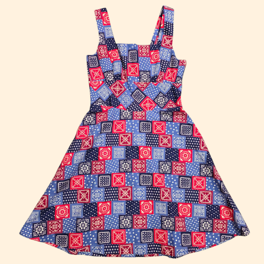 1960s  Bandana Patchwork Print Fit and Flare Sun Dress ~ Small