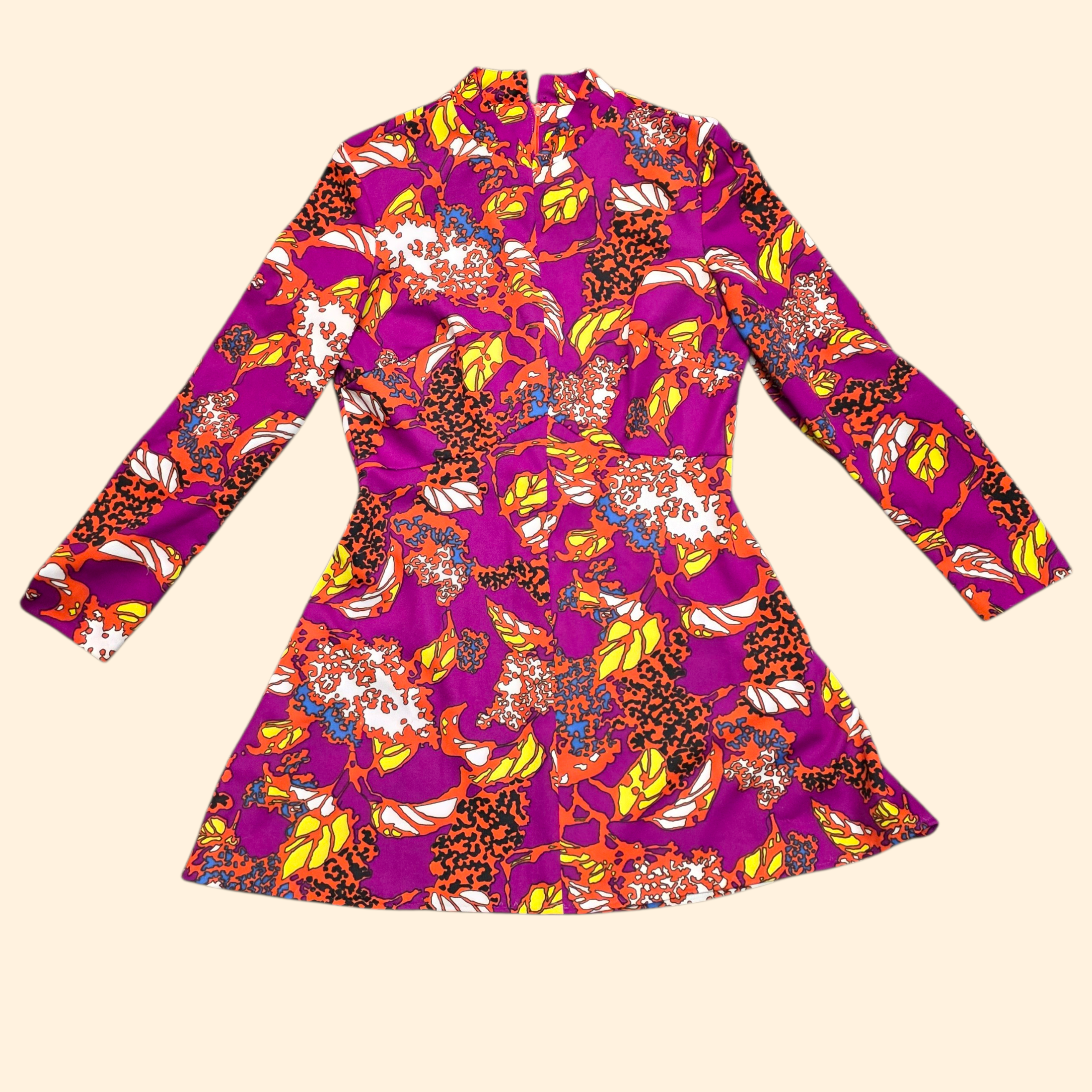 1960s Abstract Print Polyester Mini Dress ~ Medium ~ Pink Orange Yellow