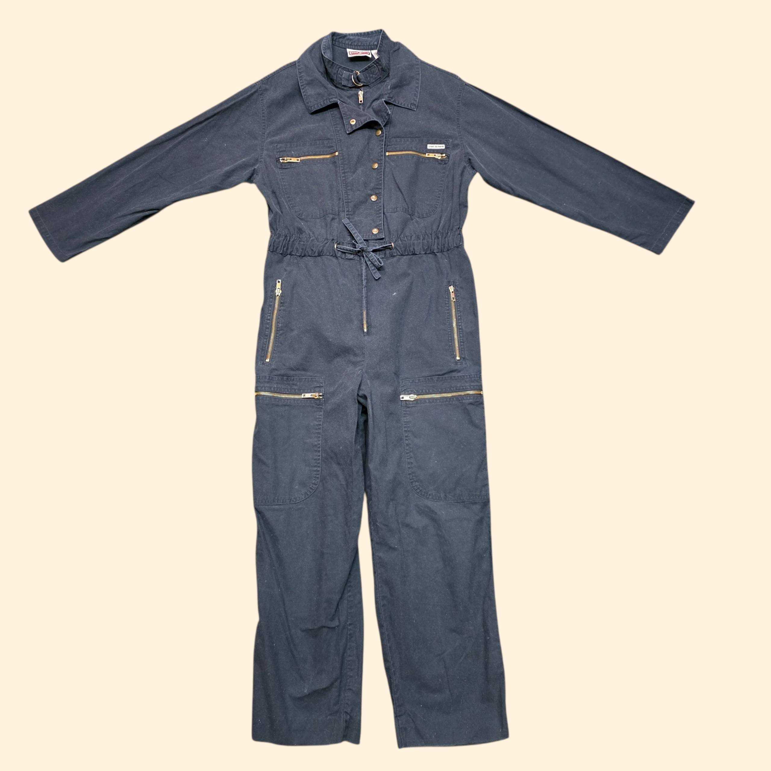 1980s Black Aviator Style Jumpsuit ~ Medium ~ Cotton Zippers