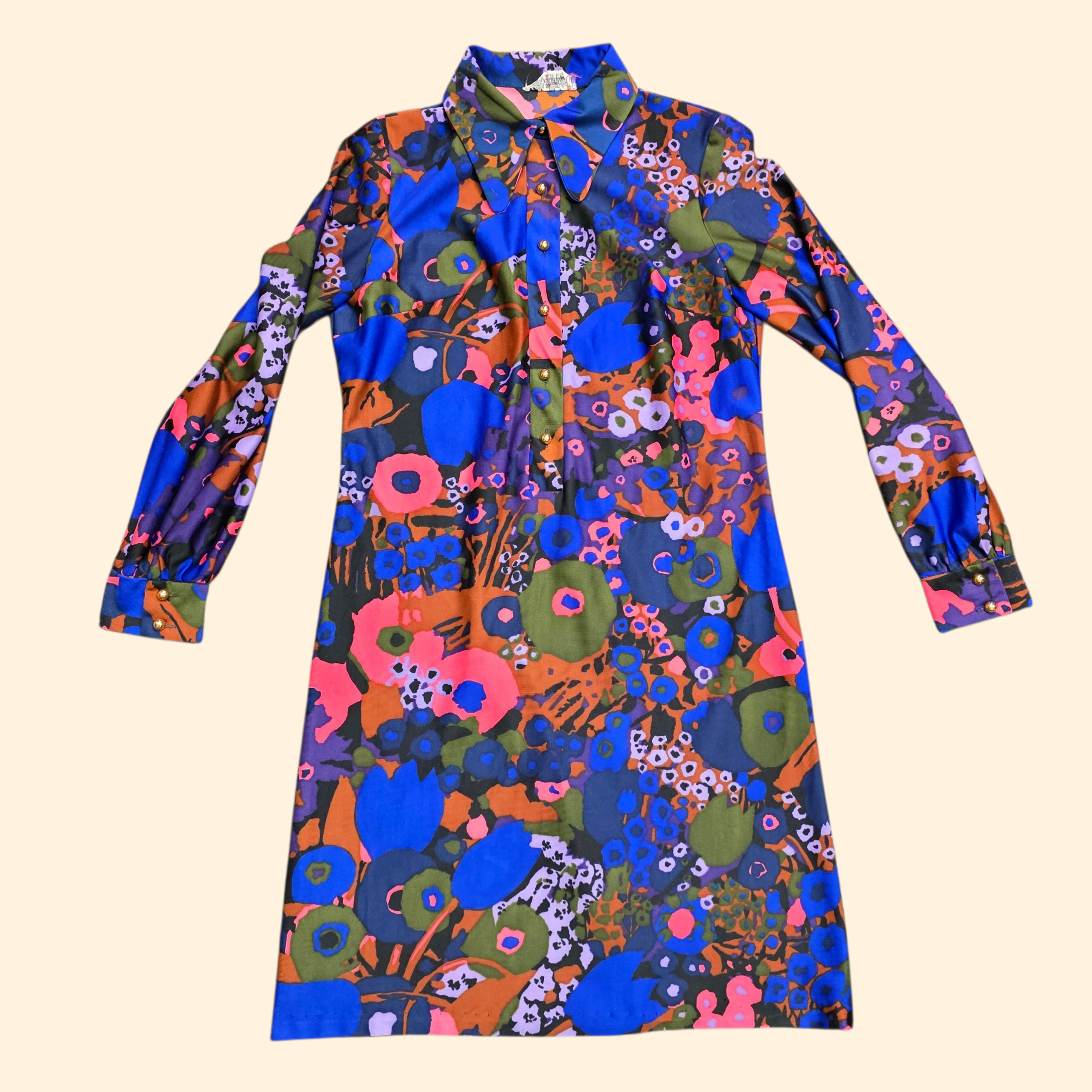 1960s Bold Abstract Print Polyester Midi Shift Dress ~ Medium ~ Navy Blue Pink Purple Green