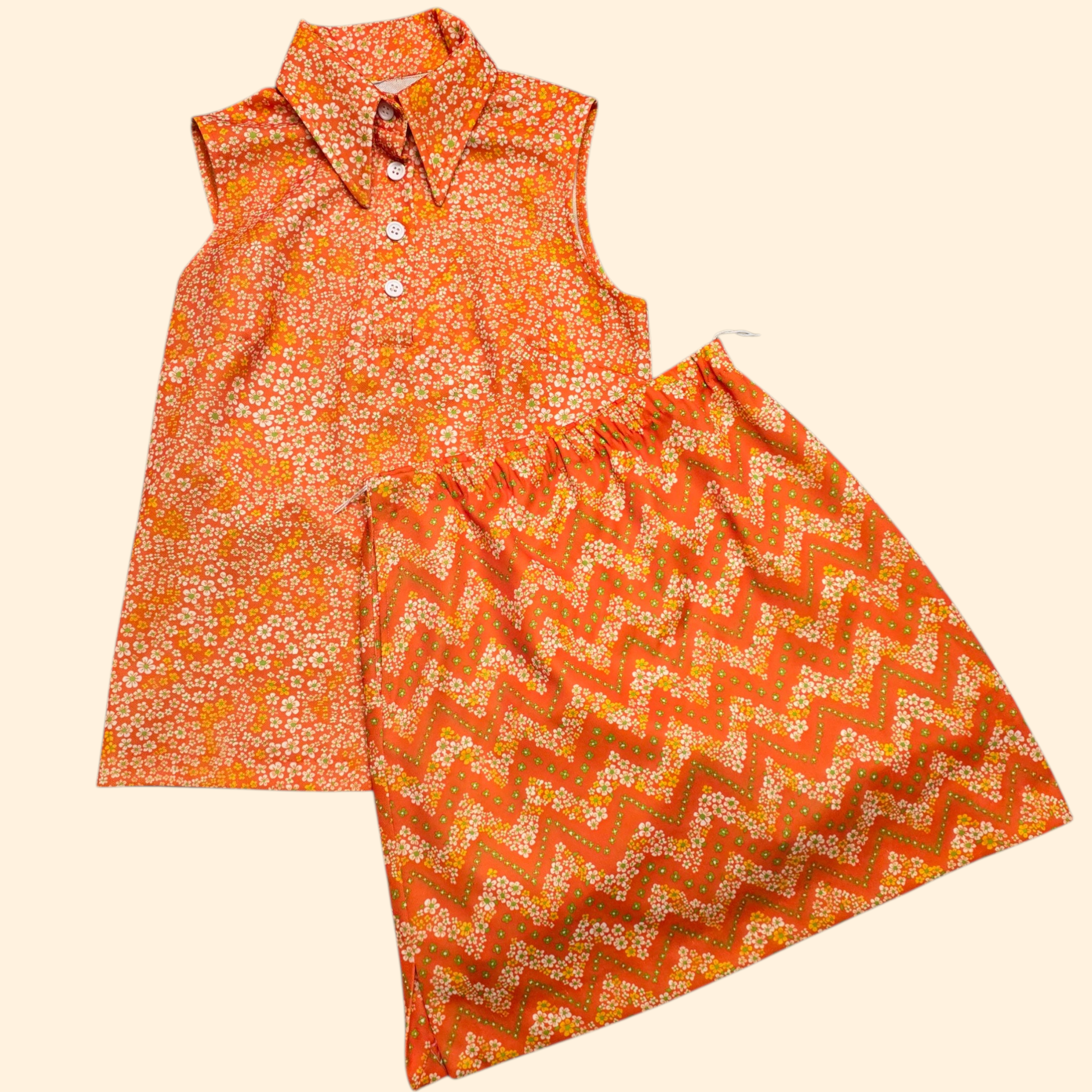 1960s Flower Power Polyester Mini Skirt Set ~ Medium ~ Orange Dagger Collar Floral